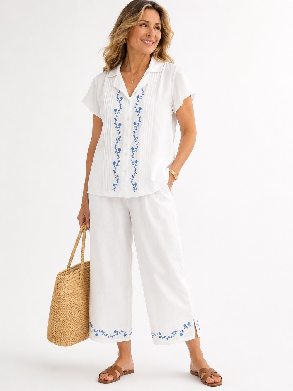 matching floral Embroidered Cotton 2 Piece Pant Set M Cottagecore coastal resort
